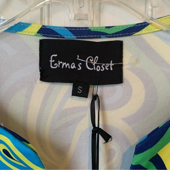 Erma’s Closet (NWT) (S) Dress, V-Neck, Royal Blue, Green & Yellow Fun Pattern - Picture 2 of 6